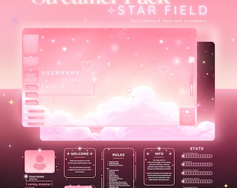 以下が含まれることがあります： ピンクと白のストリーマーパックオーバーレイで、星が散りばめられた背景になっています。オーバーレイには、ウェルカム、ルール、情報、統計のセクションが含まれています。オーバーレイの上部には「USERNAME dreameY twitch」というテキストが表示されています。オーバーレイの下部には「@assetshop on etsy」というテキストが表示されています。