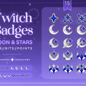 Insignias de suscripción de Twitch de Moon & Stars / Metal Silver Blue / Crescent / Recompensas de fidelidad de streamers / Discord / Puntos de canal / Niveles de gráficos de fantasía