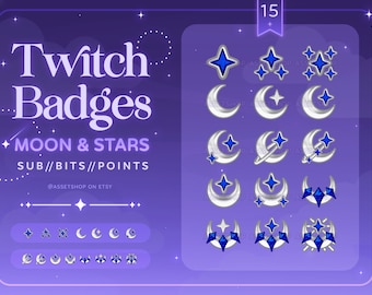 Moon & Stars Twitch Sub Badges | Metal Silver Blue | Crescent | Streamer Loyalty Rewards | Discord | Channel Points | Fantasy Graphic Tiers