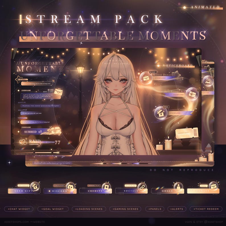 A cozy glowing animated Twitch overlay pack for Streamers called Unforgettable Moments, featuring warm winter visuals, snow and candle effects, rainbow highlights, game-loading style screens, chat and goal widgets, gaming scenes, loading scenes, and matching stream panels.
