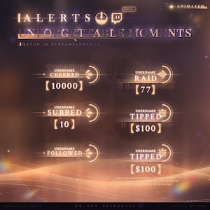 Peut inclure: Overlay anim&eacute; pour plateformes de streaming avec le texte "IA LERTS" et "UNFORGETTABLE MOMENTS". Le graphique affiche diff&eacute;rents types d'alertes, y compris les encouragements, les raids, les abonnements, les pourboires et les suivis, avec des valeurs num&eacute;riques. Le sch&eacute;ma de couleurs est un d&eacute;grad&eacute; d'or et de marron.