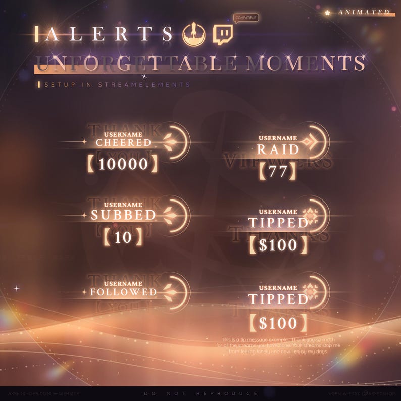 Peut inclure: Overlay anim&eacute; pour plateformes de streaming avec le texte "IA LERTS" et "UNFORGETTABLE MOMENTS". Le graphique affiche diff&eacute;rents types d'alertes, y compris les encouragements, les raids, les abonnements, les pourboires et les suivis, avec des valeurs num&eacute;riques. Le sch&eacute;ma de couleurs est un d&eacute;grad&eacute; d'or et de marron.
