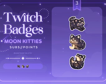 Moon Kitties Twitch Sub Badges | Celestial Loyalty Reward | Dark Cosmic Cute Cat Channel Point Redeem | Glowing Night Animal Constellation
