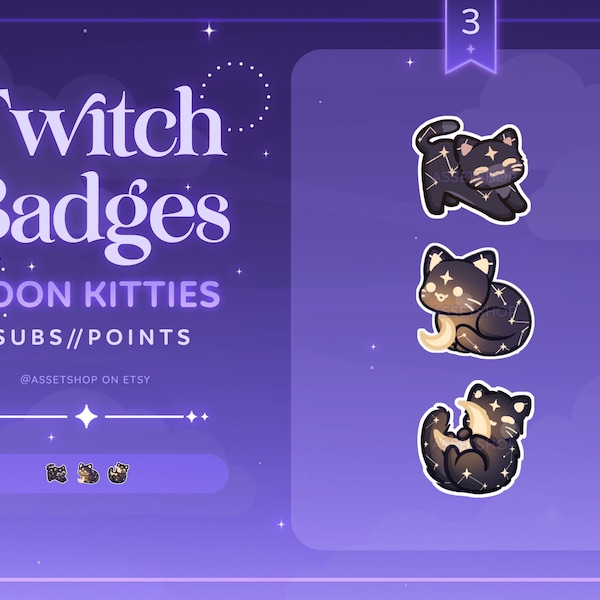 Moon Kitties Twitch Sub Badges | Celestial Loyalty Reward | Dark Cosmic Cute Cat Channel Point Redeem | Glowing Night Animal Constellation