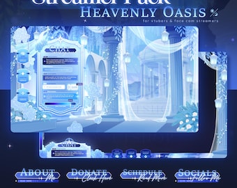 Heavenly Oasis Stream Pack - Animiertes Himmlisches Twitch Overlay | Tag Nacht | Windlichter | Blau | Vtuber | Chat & Ziel-Widget | Florale Säulen
