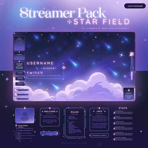 Star Field Stream Pack - Cosmic Themed Twitch Overlay | Celestial | Space | Blue Pink | Animated | Sky | Vtuber | Chat Widget | Sub Goal