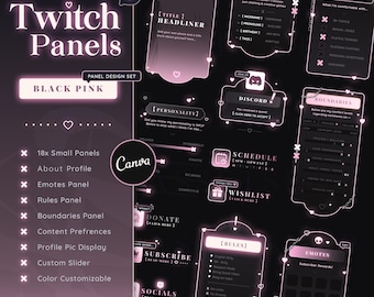 Black Pink Twitch Panels - Customizable Canva | Punk | Love | Hearts | Pastel Goth | Skull | Edgy Chains | Stream Accessory Graphics | Glow