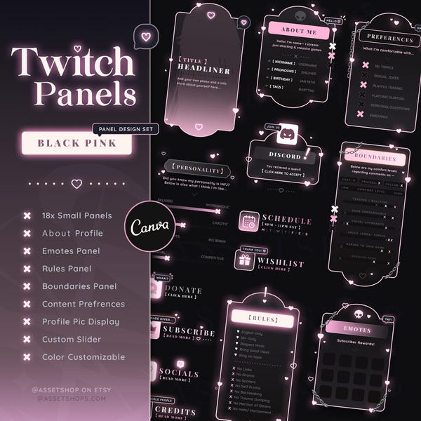 Schwarz Rosa Twitch Panels - Individuell einstellbare Leinwand | Punk | Liebe | Herzen | Pastell Goth | Totenkopf | Edgy Ketten | Stream Zubehör Grafiken | Leuchten