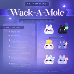 May include: A digital graphic for a game called "Wack-A-Mole" with various character types, including Regular Mole, Helmet Mole, and Shield Mole. The image features cute cartoon moles with different accessories and abilities, set against a purple background.
