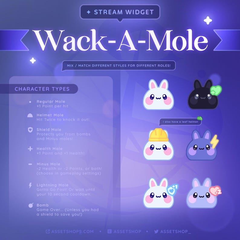 May include: A digital graphic for a game called "Wack-A-Mole" with various character types, including Regular Mole, Helmet Mole, and Shield Mole. The image features cute cartoon moles with different accessories and abilities, set against a purple background.