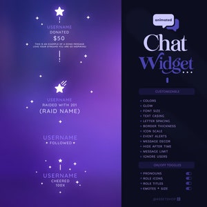 Cosmos Twitch Chat Widget - Stream ChatBox | Customizable with Alerts | Cute Minimal Star Moon Aesthetic | Animated | Pronouns | Any Color image 2