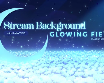 Glowing Fields Starry Night Background | Cute Animated Streamer Background | Sky Blue | Vtuber Asset | Fantasy Flower Field | Dark Clouds