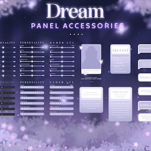 May include: Purple and white digital panel accessories with a dreamy background. The panel includes a profile picture, rules, info boxes, and personality and gamer level sliders.