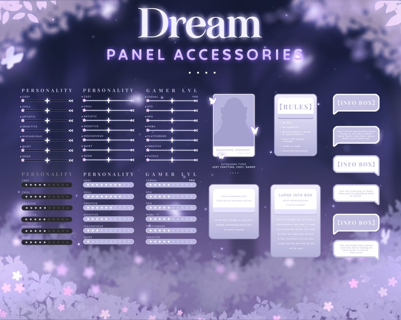 May include: Purple and white digital panel accessories with a dreamy background. The panel includes a profile picture, rules, info boxes, and personality and gamer level sliders.