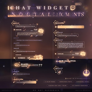 A glowing translucent and gold chat widget from the Unforgettable Moments bundle, showcasing dotted lines, rainbow light glows, and various chat roles and event labels. This preview displays the second of two color modes, with features like event toggles, expandable message boxes, customizable font colors and sizes, and 7tv emote support.