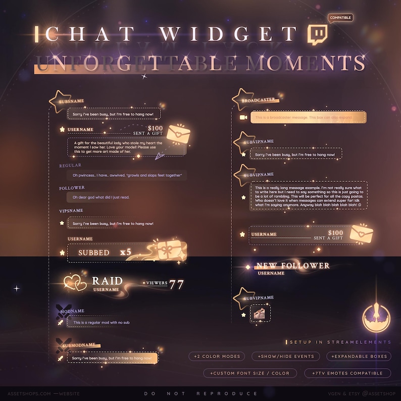 A glowing translucent and gold chat widget from the Unforgettable Moments bundle, showcasing dotted lines, rainbow light glows, and various chat roles and event labels. This preview displays the second of two color modes, with features like event toggles, expandable message boxes, customizable font colors and sizes, and 7tv emote support.