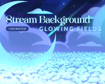 Glowing Fields Starry Night Background | Cute Animated Streamer Background | Sky Blue | Vtuber Asset | Fantasy Flower Field | Dark Clouds