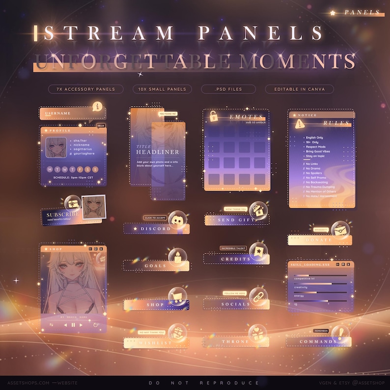 A cozy glowing animated Twitch Stream overlay pack called Unforgettable Moments, featuring warm winter visuals, snow and candle effects, rainbow highlights, game-loading style screens, chat and goal widgets, gaming scenes, loading scenes, and matching stream panels.