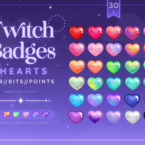 Twitch Sub Herz Badges + Flairs | Niedliche Bunte Regenbogen Kanalpunkte | Gebisse | Emotes | Grafik | Discord Rollen | Glänzender Jelly Pop