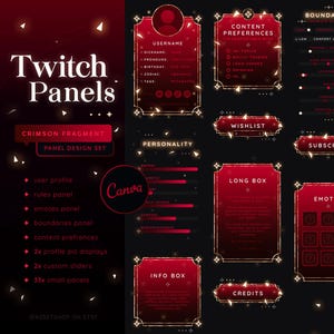 May include: A set of Twitch panel designs in a crimson red color scheme with gold accents. The panels include a user profile, rules, emotes, boundaries, content preferences, wishlist, long box, info box, credits, and a personality bar. The panels are designed to be used on Twitch.
