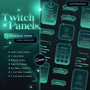Puede incluir: Un conjunto de paneles de Twitch personalizables en un esquema de color verde azulado y verde. Los paneles incluyen secciones para información del usuario, emoticonos, reglas, sobre mí, personalidad, subobjetivos, cuadro de información, lista de deseos, donar, créditos y discord. Los paneles están diseñados en un estilo futurista y de neón con un tema de estanque tranquilo.