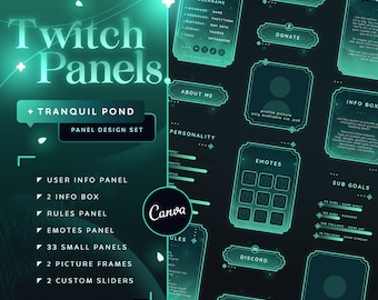 Tranquil Pond Panels - Customizable Canva | Blue Green Glowing Aesthetic Stream Panels | Twitch Graphic | Elven | Social | Stat Slider | PSD