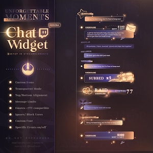 Könnte beinhalten: Digitalgrafik, die ein "Chat Widget" für Streaming-Plattformen zeigt. Es bietet benutzerdefinierte Symbole, einen transparenten Modus und Nachrichtenbeschränkungen. Das Design verwendet ein dunkles Lila- und Goldfarbschema mit Text und Grafiken.