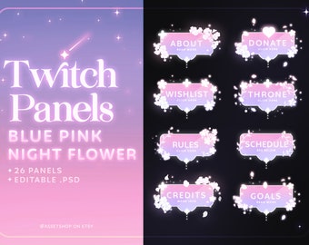 Blauwroze nachtbloem Twitch-panelen | Twitch-panelen met bloemen | Gloeiende esthetische bloempanelen | Tuinpanelen | Roze en blauwe twitch-panelen