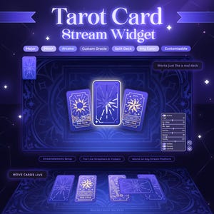 Widget de transmisión de cartas del Tarot - Para Twitch • YouTube • Cualquier plataforma / Arcanos mayores y menores / Oráculo / Configuración de StreamElements / Personalizable / Juego