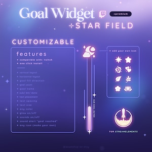 May include: A customizable goal widget for Twitch streamers with a purple and pink color scheme. The widget features a rocket icon and the text "SUB GOAL 20/100". It also includes a variety of icons to choose from, such as a star, a heart, a leaf, and a flower.
