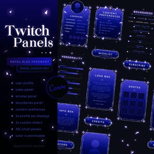 May include: A set of customizable Twitch panels in a royal blue color scheme with a starry night background. The panels include a user profile, rules, emotes, boundaries, content preferences, info box, long box, credits, wishlist, and subscribe buttons. The panels are designed to be used on Twitch streams.
