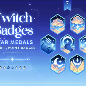 Puede incluir: Un conjunto de 7 insignias de Twitch azules y blancas con un tema de estrellas. Las insignias presentan una luna creciente, estrellas, nubes y una montaña. El texto "ASSETSHOP" es visible en cada insignia.