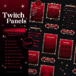 Peut inclure: Un ensemble de designs de panneaux Twitch dans un schéma de couleurs rouge cramoisi avec des accents dorés. Les panneaux comprennent un profil utilisateur, des règles, des émoticônes, des limites, des préférences de contenu, une longue boîte, une liste de souhaits, un bouton d'abonnement, une boîte d'informations, des crédits et une section de personnalité. Les panneaux sont personnalisables et peuvent être utilisés pour créer un flux Twitch unique et professionnel.