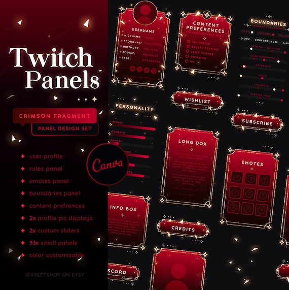 Crimson Fragment Twitch Stream Panels - Customizable Canva | Crimson Red | Vampire | Blood | Glass Shard Graphics | Boundaries | Accessory