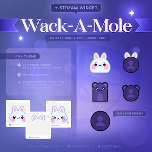 May include: A purple graphic with the text "Wack-A-Mole" and "Stream Widget." It features cartoon avatars of a bunny, mole, and profile pictures. The image promotes avatars for chat or profile pictures.