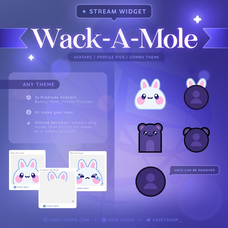 May include: A purple graphic with the text "Wack-A-Mole" and "Stream Widget." It features cartoon avatars of a bunny, mole, and profile pictures. The image promotes avatars for chat or profile pictures.