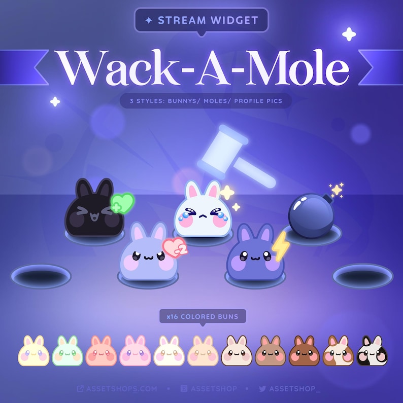 May include: A digital graphic for a "Wack-A-Mole" stream widget, featuring cartoon bunnies, moles, and profile pics. The design includes a hammer, bomb, and various colored bunny characters. The text reads "x16 COLORED BUNS".