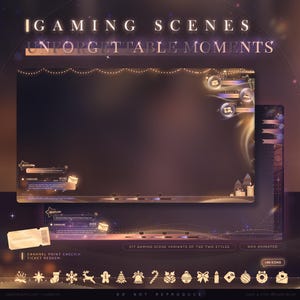 A cozy glowing animated Twitch overlay pack titled Unforgettable Moments, highlighting warm winter aesthetics. Shown are the gaming scenes, a ticket-style channel point redeem, and several gold icons (from a full set of 48) that streamers can use throughout their overlays and panels.