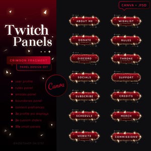 May include: A set of 14 Twitch panels with a crimson red background and gold trim. The panels feature text such as "About Me", "Wishlist", "Donate", "Rules", "Discord", "Throne", "Socials", "Support", "Subscribe", "Credits", "Schedule", "Merch", "Website", and "Commissions".