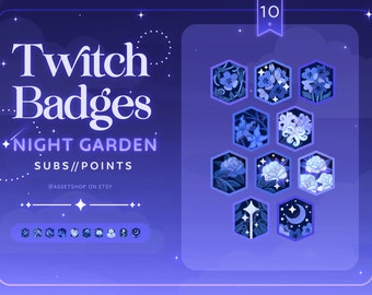 Night Garden Twitch Streamer Sub Badges | Blue Blooming Channel Rewards | Starry Cottage Core Graphics | Midnight Flower | Discord Role Icon