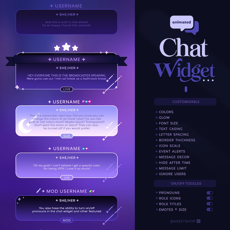 Cosmos Twitch Chat Widget - Stream ChatBox | Customizable with Alerts | Cute Minimal Star Moon Aesthetic | Animated | Pronouns | Any Color image 1
