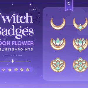Moon Flower Badges | Twitch Sub Badges | Bit Badges | Stream | Channel | Points | Graphic | Stars | Guardian | Flower | Lotus | Gemstone