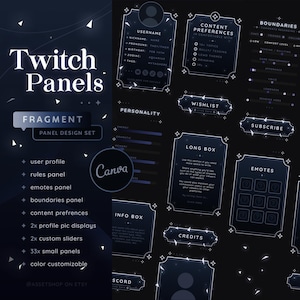 May include: A set of customizable Twitch panels in a dark blue and white color scheme. The panels include a user profile, rules, emotes, boundaries, content preferences, profile picture displays, custom sliders, and a long box. The panels are designed to be used on Twitch streams.