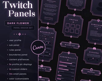 Dark Flower Twitch Panels - Customizable Canva | Pink & Black | Flower, Lotus, Sakura | Aesthetic Stream | Graphics | Sleek Modern League