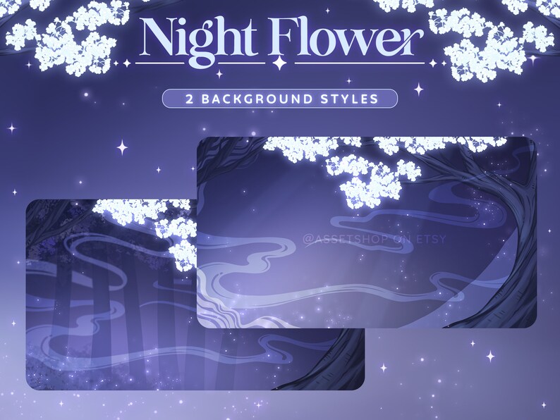 May include: Two digital backgrounds featuring a white glowing tree with white flowers against a purple night sky with white stars. The text "Night Flower" and "2 Background Styles" is at the top of the image. The text "@assetshop on etsy" is at the bottom of the image.