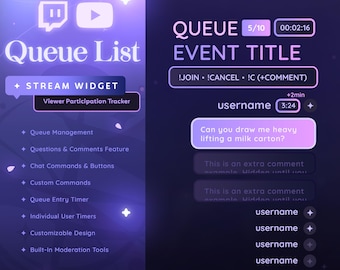 Queue List Event Widget - For Twitch and Youtube Streamers | Vtubers | Task | Viewer Incentive | Study | Organization | Q&A | OBS | Triggers