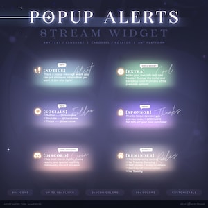 Puede incluir: Gráfico digital con el texto "POPUP ALERTS STREAM WIDGET" en blanco. La imagen incluye varios iconos informativos y cuadros de texto para la personalización de la transmisión, incluyendo redes sociales y recordatorios.