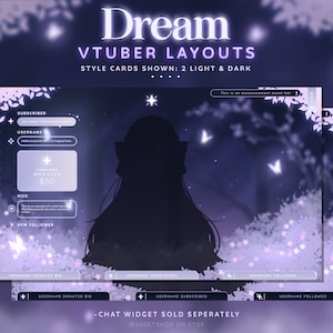 May include: A purple and white chat widget layout for a VTuber, featuring a silhouette of a person with long hair in front of a forest background with glowing butterflies. The text "Dream VTuber Layouts" is at the top of the image. The text "CHAT" is on the left side of the image. The text "This is an announcement event bar" is at the top right of the image. The text "-CHAT WIDGET SOLD SEPERATELY @ASSETSHOP ON ETSY" is at the bottom of the image.