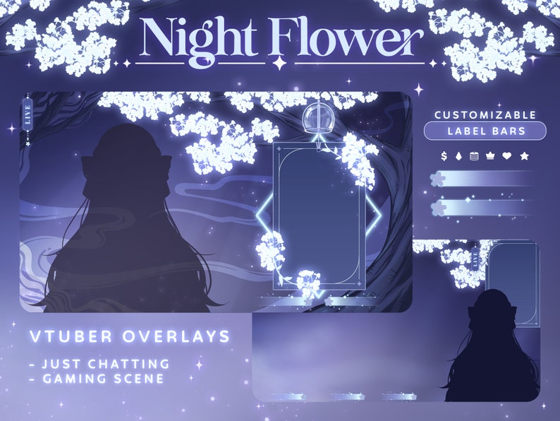 May include: Purple and white digital overlay with the text "Night Flower" and "VTuber Overlays". The overlay features a silhouette of a person, a frame with a white floral design, and customizable label bars.