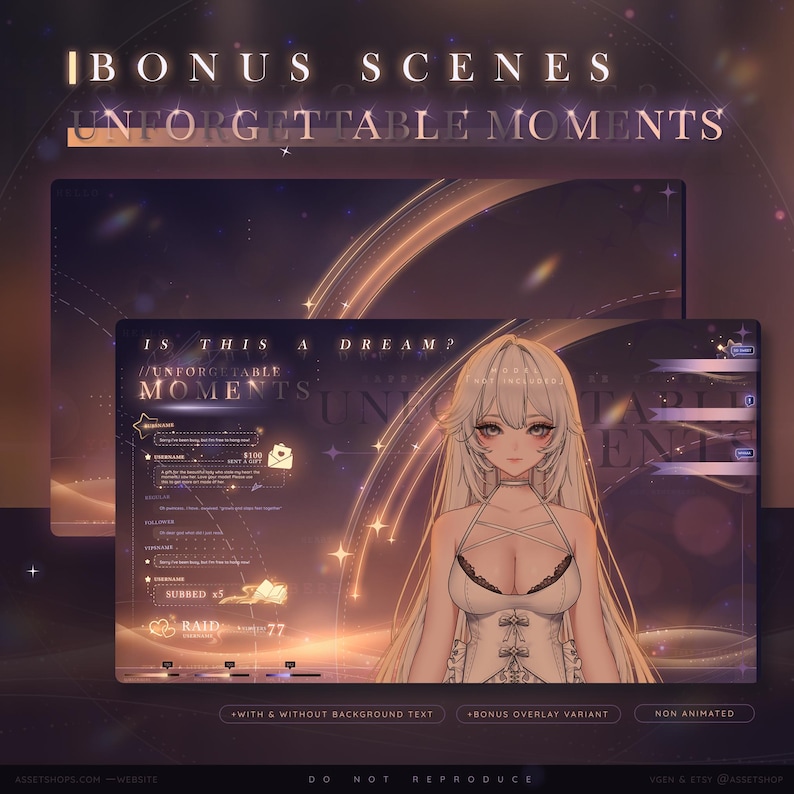 A warm, glowing Twitch overlay pack named Unforgettable Moments. The image showcases one of seven alternate backdrop designs, featuring a purple-and-gold palette, shooting stars, dreamy lettering, and soft glowing visuals.